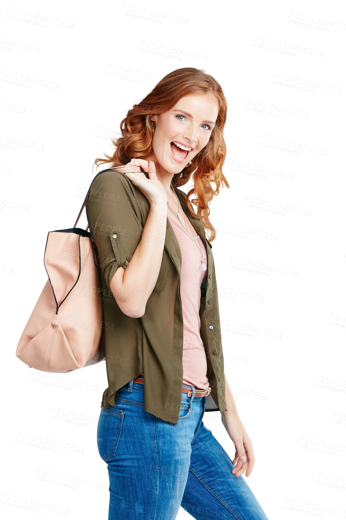 Buy stock photo Happy, shopping and portrait of woman with a bag for the weekend, happiness and confidence. Smile, young and an excited girl with an elegant and classy handbag isolated on transparent png background