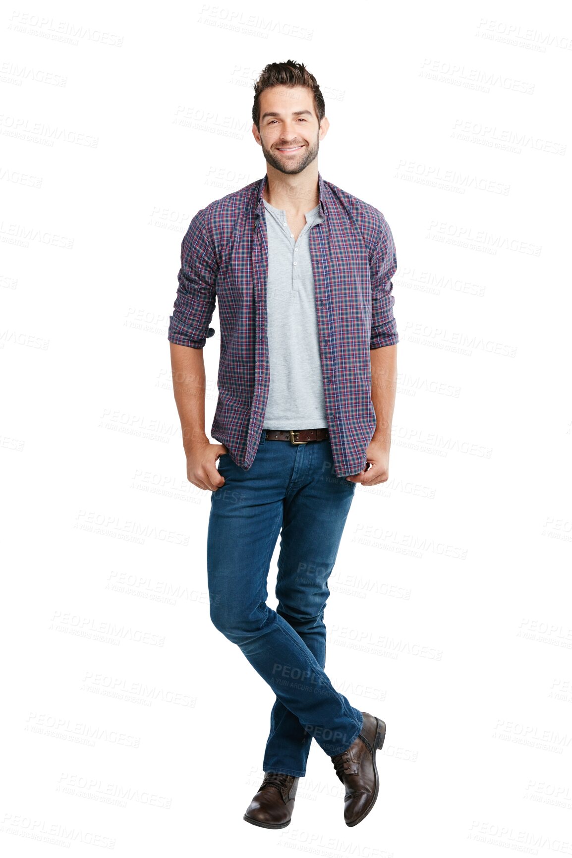 Buy stock photo Happy, stylish and portrait of a handsome man with fashion style, fashionable and charming. Smile, carefree and a person in a shirt for happiness and confidence isolated on transparent png background