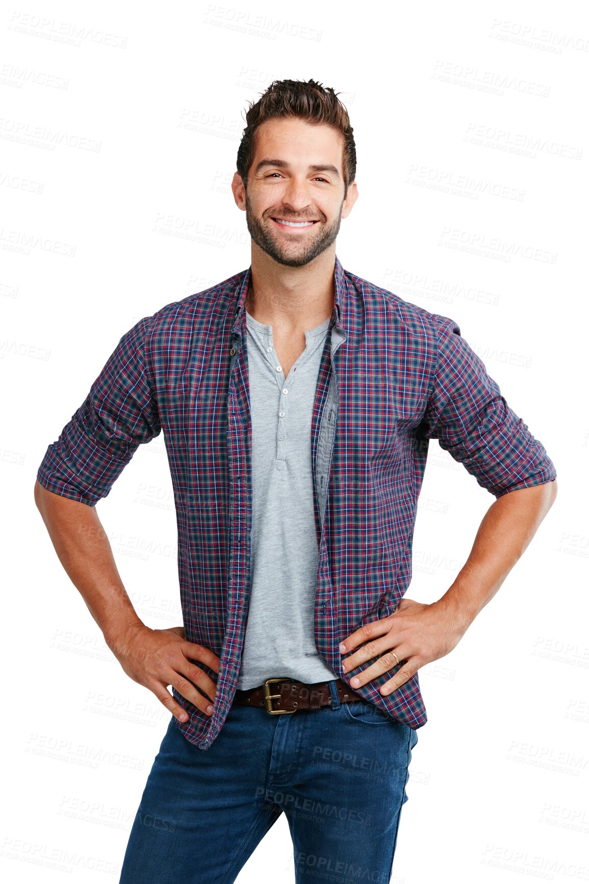 Buy stock photo Casual, handsome and portrait of a man with a trendy, fashion or stylish outfit with confidence. Happy, young and attractive male model posing with cool style isolated by a transparent png background