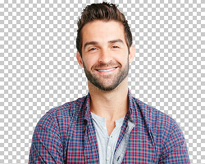 Buy stock photo Portrait, fashion and man with a smile, beauty or confident guy isolated against a transparent background. Face, male person or model with happiness, streetwear or stylish clothes with png and Canada