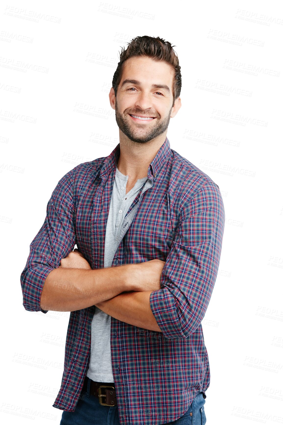 Buy stock photo Portrait, fashion and arms crossed with a trendy man isolated on a transparent background for style. Smile, clothes or casual with a happy and handsome young male model posing in a shirt on PNG