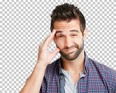 Buy stock photo Isolated man, headache and portrait with mistake, stress and worry by transparent png background. Young guy, tired or fatigue with burnout, pain and migraine with health problem, risk and exhausted