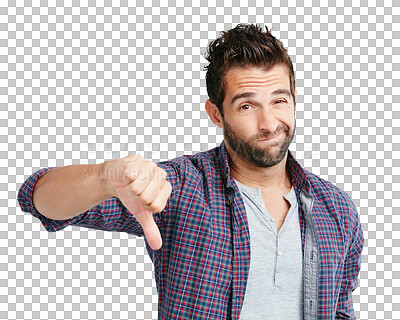 Buy stock photo Bad, review and portrait of a man with a thumbs down for disappointment, disapproval and negative. Promotion, opinion and person with hand gesture to disappoint isolated on transparent png background