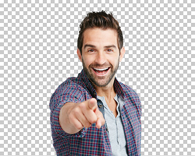 Buy stock photo Portrait, pointing and vote with a man in a shirt isolated on a transparent background for a decision. Smile, review or choice with a happy and handsome young male person on PNG to point at you