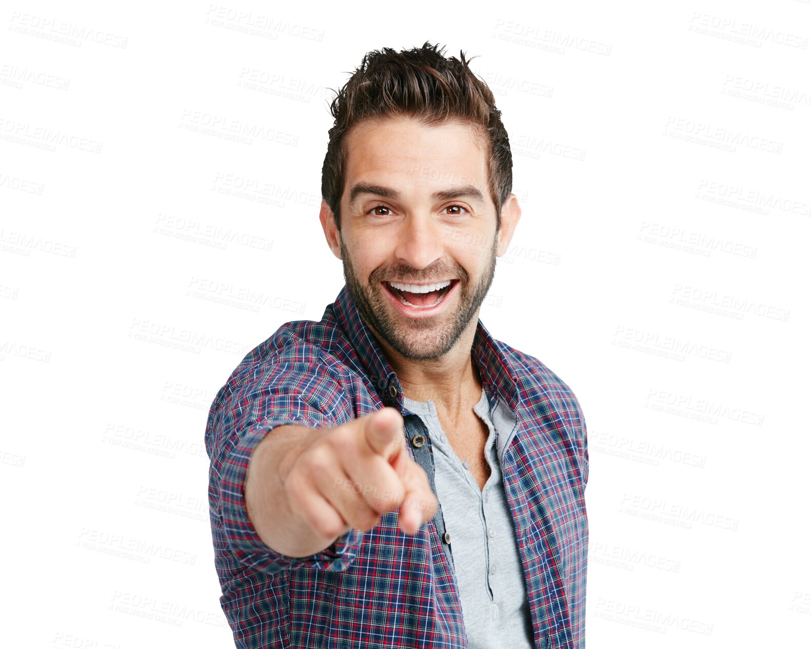 Buy stock photo Portrait, pointing and vote with a man in a shirt isolated on a transparent background for a decision. Smile, review or choice with a happy and handsome young male person on PNG to point at you