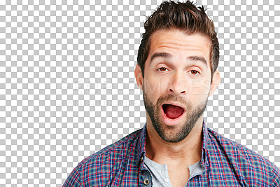 Buy stock photo Yawning, tired face and portrait of a man with insomnia, burnout and bored problem. Stress, depressed and a young male person with a yawn from fatigue isolated on a transparent png background