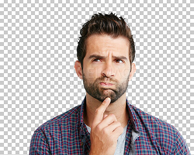 Buy stock photo Man, face and thinking for idea, solution or question standing isolated on a transparent PNG background. Thoughtful male person with finger on chin in doubt or think for memory, remember or decision