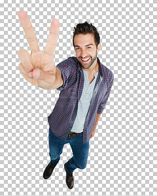 Buy stock photo Portrait, peace and emoji with a man isolated on a transparent background for designer fashion. Smile, hand and fingers of a young, proud and handsome male model on PNG with gesture, v sign and icon