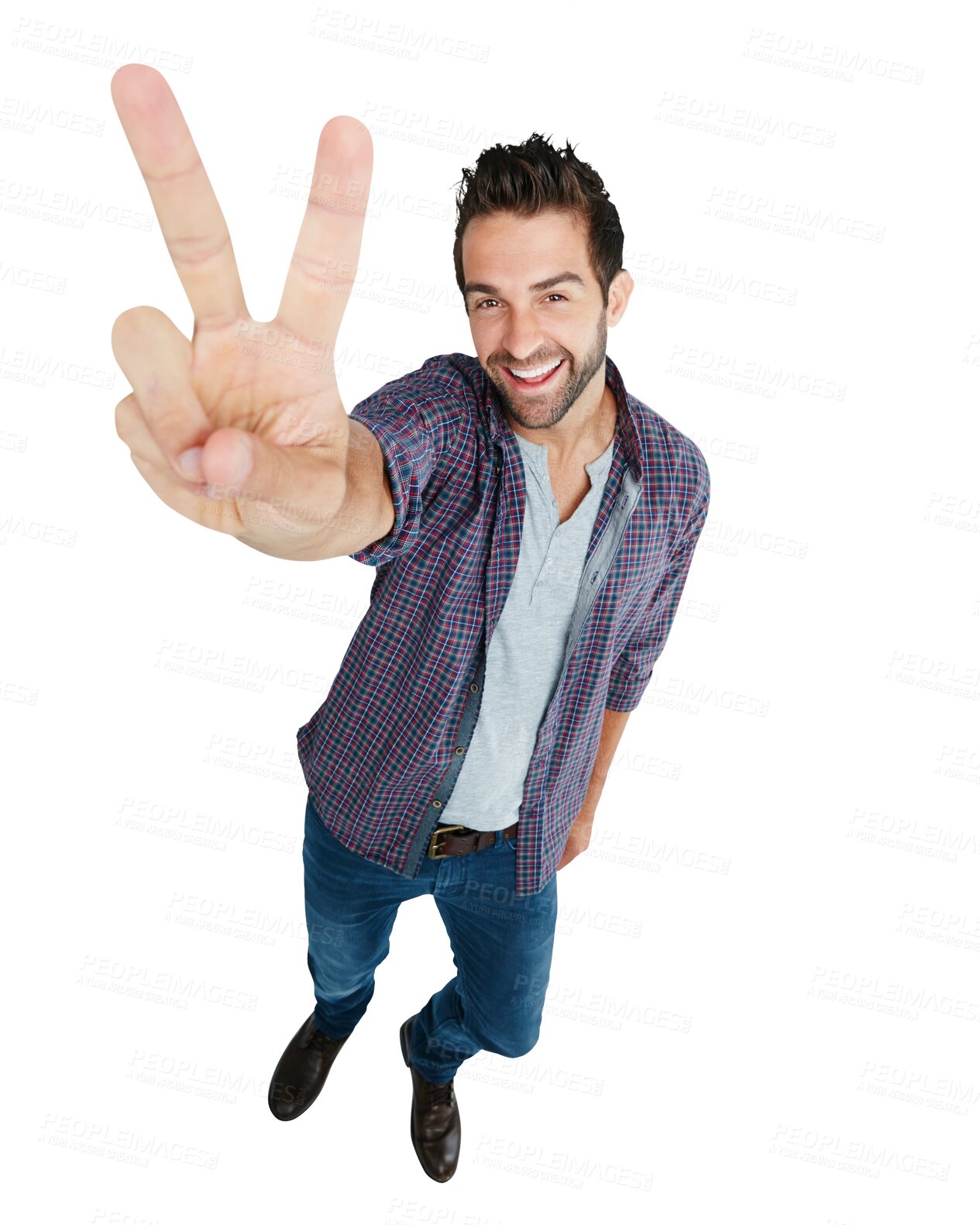 Buy stock photo Portrait, peace and emoji with a man isolated on a transparent background for designer fashion. Smile, hand and fingers of a young, proud and handsome male model on PNG with gesture, v sign and icon