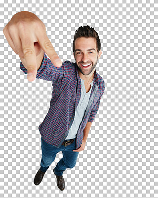 Buy stock photo Above isolated man, peace sign and portrait with smile, icon and emoji hand by transparent png background. Young guy, v hands and happy for harmony, vote and opinion with fashion, shirt and review