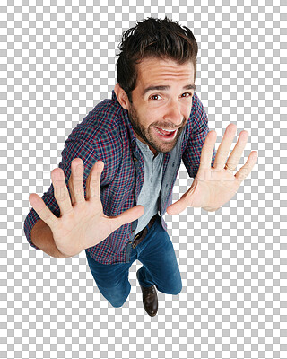 Buy stock photo Scared, fear and anxiety portrait of a man with hands for shield or stop in crisis, horror or danger. Male person from above isolated on a transparent, png background with stress and scary phobia