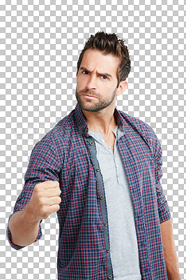 Buy stock photo Isolated man, angry and fist in portrait for conflict, danger or warning by transparent png background. Guy, fight sign and hand for punch, anger and stress with frustrated face with boxing icon