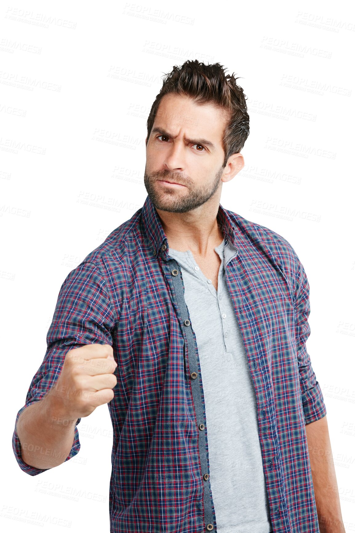 Buy stock photo Isolated man, angry and fist in portrait for conflict, danger or warning by transparent png background. Guy, fight sign and hand for punch, anger and stress with frustrated face with boxing icon