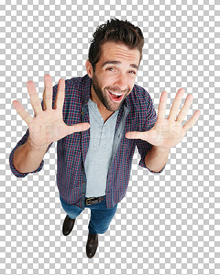 Buy stock photo Anxiety, fear and scared portrait of a man with hands for shield or stop in crisis, horror or danger. Male person isolated on a transparent, png background with stress and scary phobia reaction