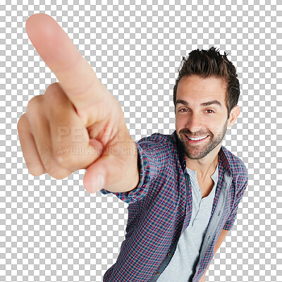 Buy stock photo Portrait, pointing and sale with a man in a shirt isolated on a transparent background for attention to an announcement. Smile, finger and hand gesture with a happy male model on PNG to point at info