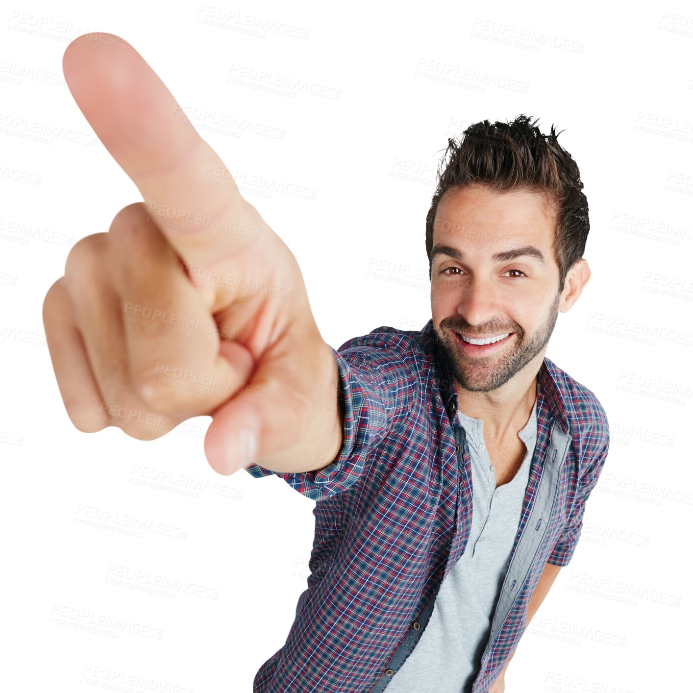 Buy stock photo Portrait, pointing and sale with a man in a shirt isolated on a transparent background for attention to an announcement. Smile, finger and hand gesture with a happy male model on PNG to point at info