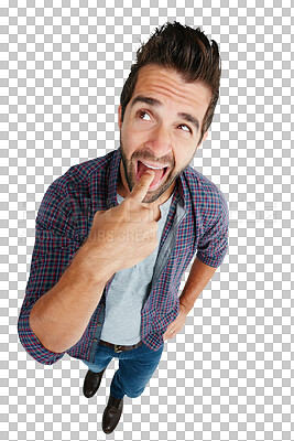 Buy stock photo Crazy, sick and a thinking man with an idea, touching tongue  and disgust expression. Bad, throat and a person feeling mouth for a problem or fresh taste isolated on a transparent png background