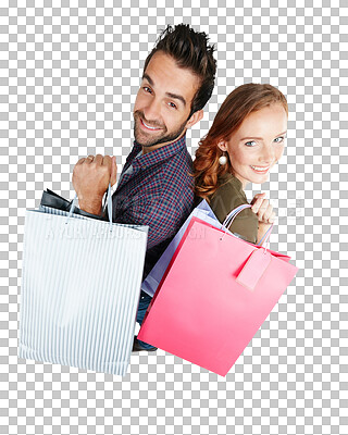 Buy stock photo Isolated couple, portrait and shopping bag with smile from above for retail deal by transparent png background. Man, woman and happiness for discount, sale or promotion with fashion, clothes or gift