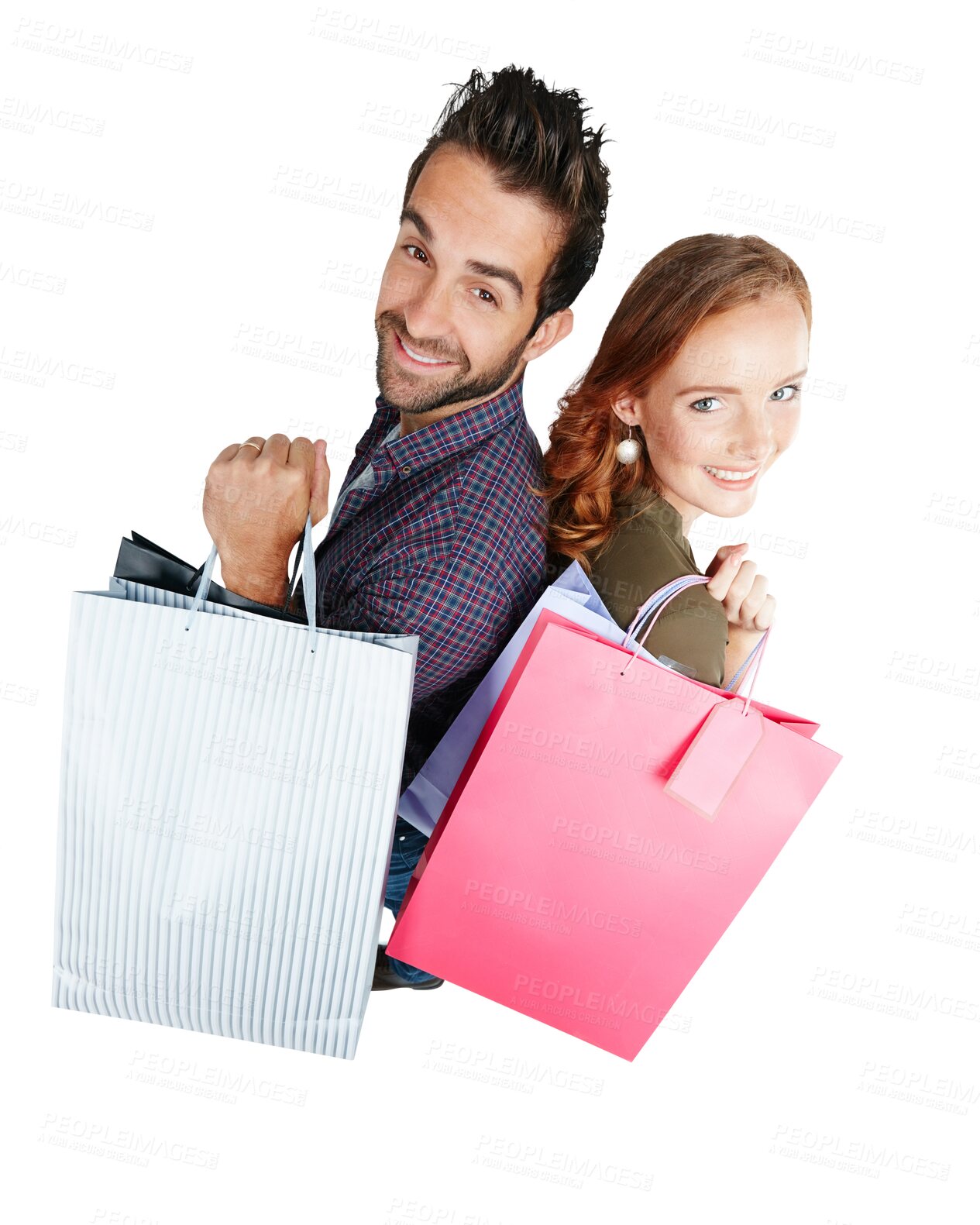 Buy stock photo Isolated couple, portrait and shopping bag with smile from above for retail deal by transparent png background. Man, woman and happiness for discount, sale or promotion with fashion, clothes or gift