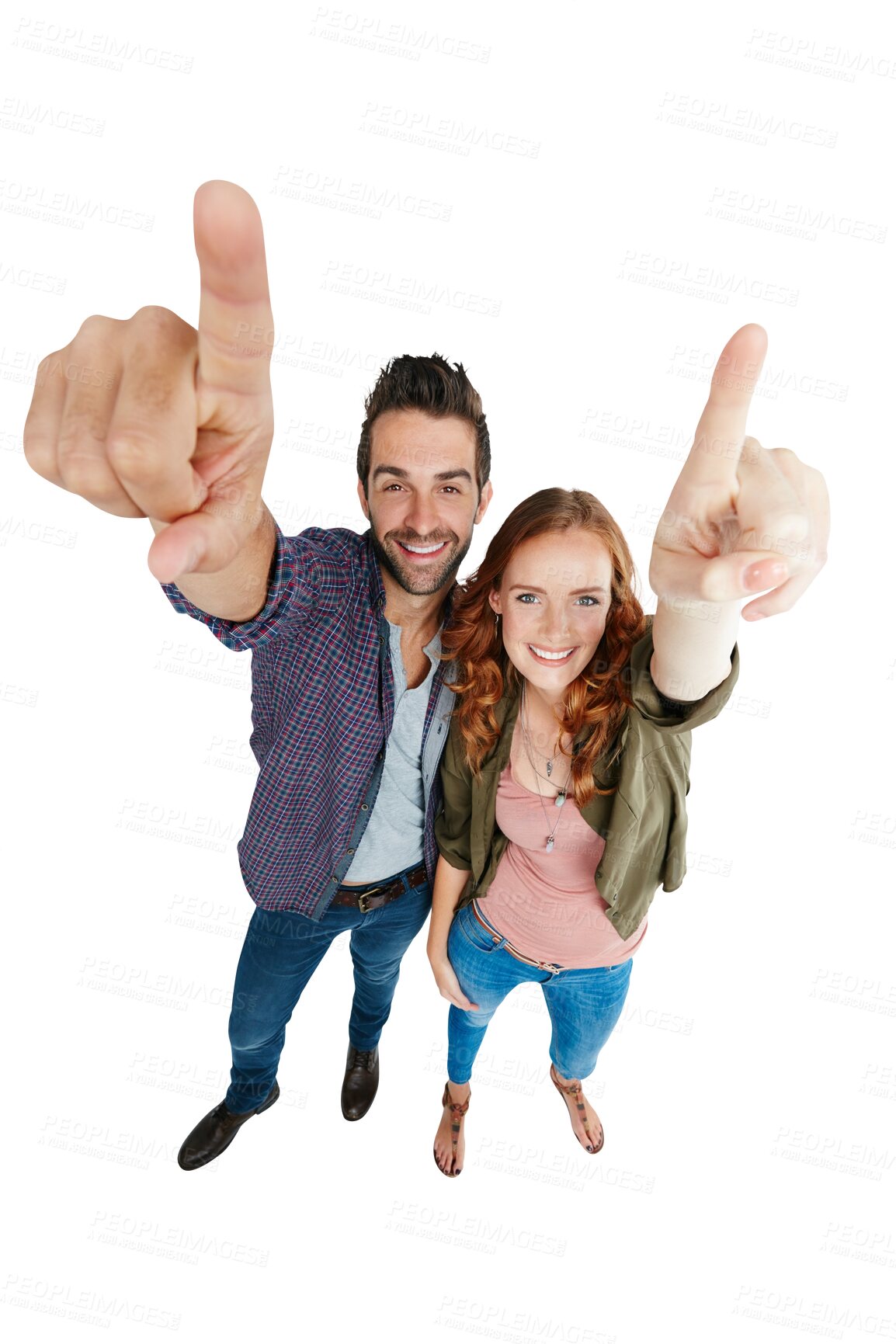 Buy stock photo Portrait, top view and couple pointing to you isolated on a transparent png background. Hand gesture, man and woman point for choice, decision and happiness emoji, direction and selection of winner. 