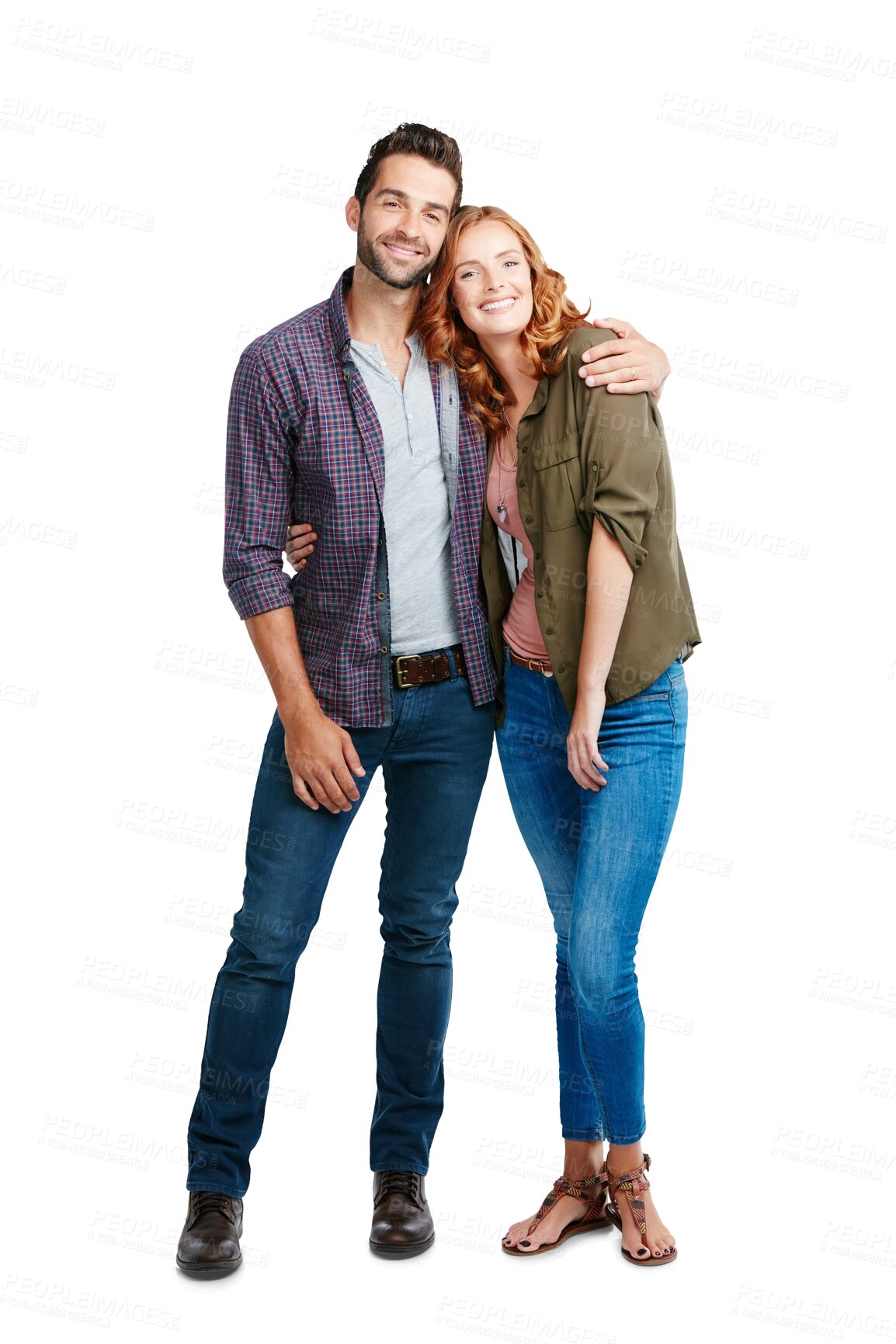 Buy stock photo Isolated couple, hug and love in portrait with bond, care and smile by transparent png background. Happy ginger woman, man and embrace with excited face, romance and together for date with fashion