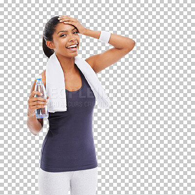 Buy stock photo Tired, drinking water and portrait of woman after workout, sweating from exercise and fitness. Happy, training and a girl with a drink after cardio and pilates isolated on transparent png background