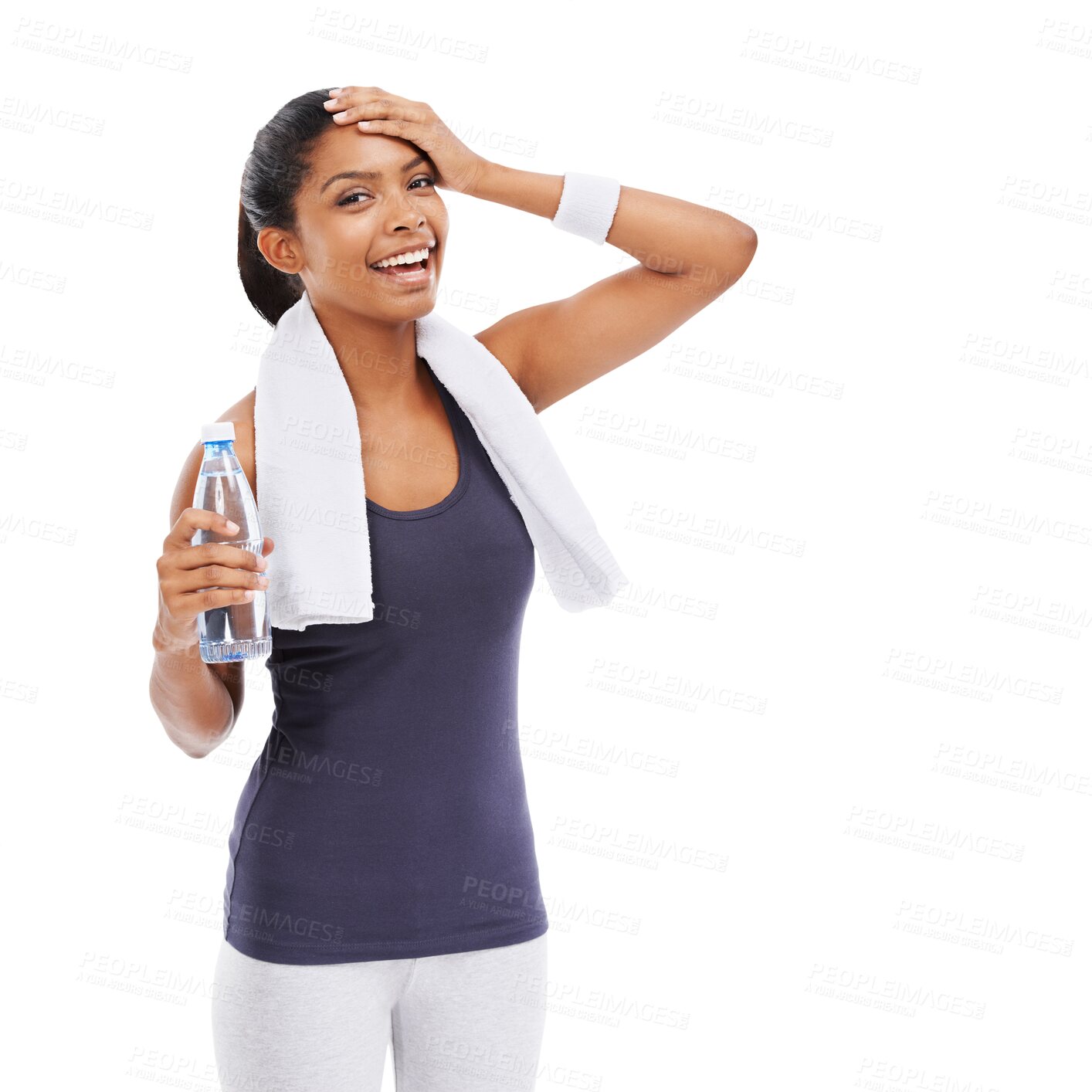 Buy stock photo Tired, drinking water and portrait of woman after workout, sweating from exercise and fitness. Happy, training and a girl with a drink after cardio and pilates isolated on transparent png background