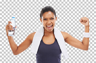 Buy stock photo Portrait, fitness and a winner sports woman isolated on a transparent background for victory in an exercise workout. Training workout and success with an attractive young female athlete on PNG