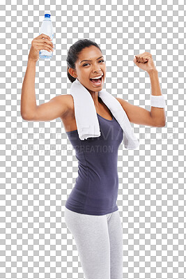 Buy stock photo Fitness, portrait of woman celebrating with water and isolated against transparent png background winning. Workout or exercise, gym training and female athlete happy with bottle for health wellness.