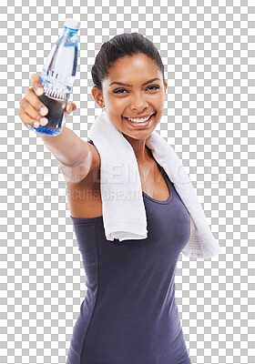 Buy stock photo Portrait, health and water with a sports woman holding a bottle isolated on a transparent background for hydration. Exercise, fitness and smile with a happy young female athlete on PNG for a drink