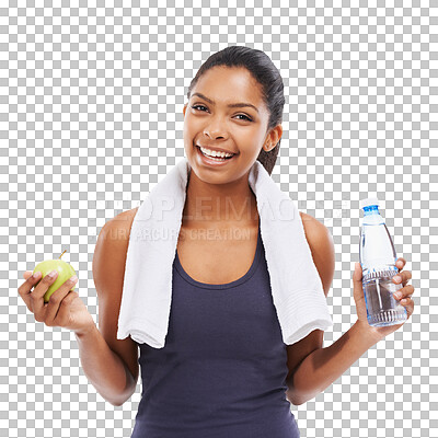 Buy stock photo Isolated woman, apple and bottle in portrait for diet, hydration or fitness by transparent png background. Girl, model or personal trainer with water, fruit or happy for nutrition, workout or health