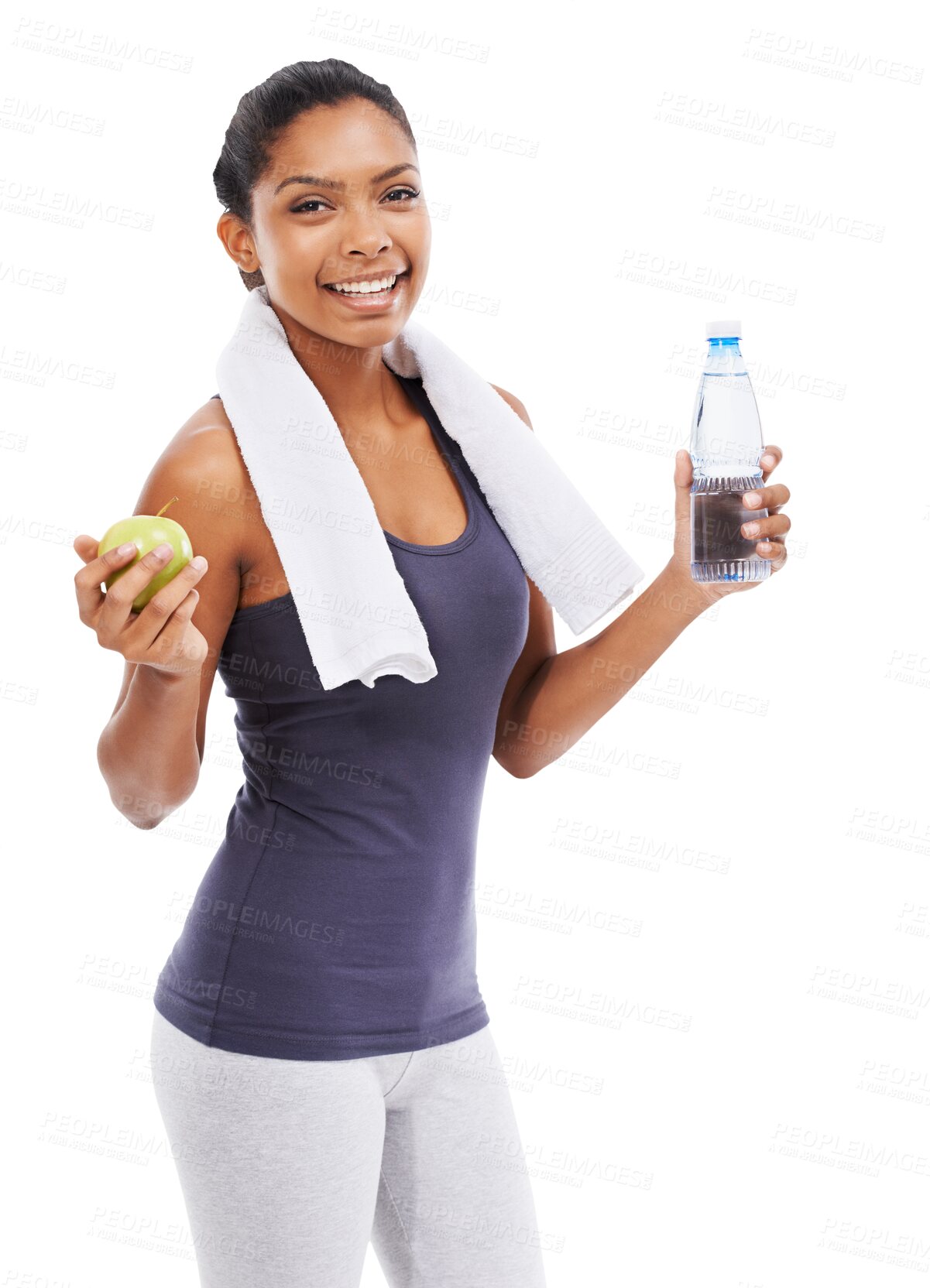 Buy stock photo Portrait, fitness and woman with water, apple and healthy girl isolated against a transparent background. Female person, model or athlete with wellness, fruit or liquid with png, nutrition and sports