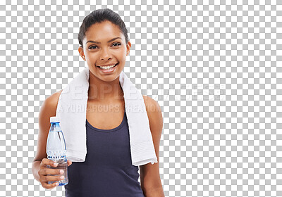 Buy stock photo Portrait, fitness and water with a training woman isolated on a transparent background for hydration during a workout. Exercise, towel and bottle with a happy young female athlete on PNG for sports