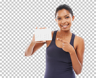 Buy stock photo Advertising, portrait of a black woman pointing at business card and isolated against a transparent png background for promotion. Marketing, promote and happy female person point for advertisement