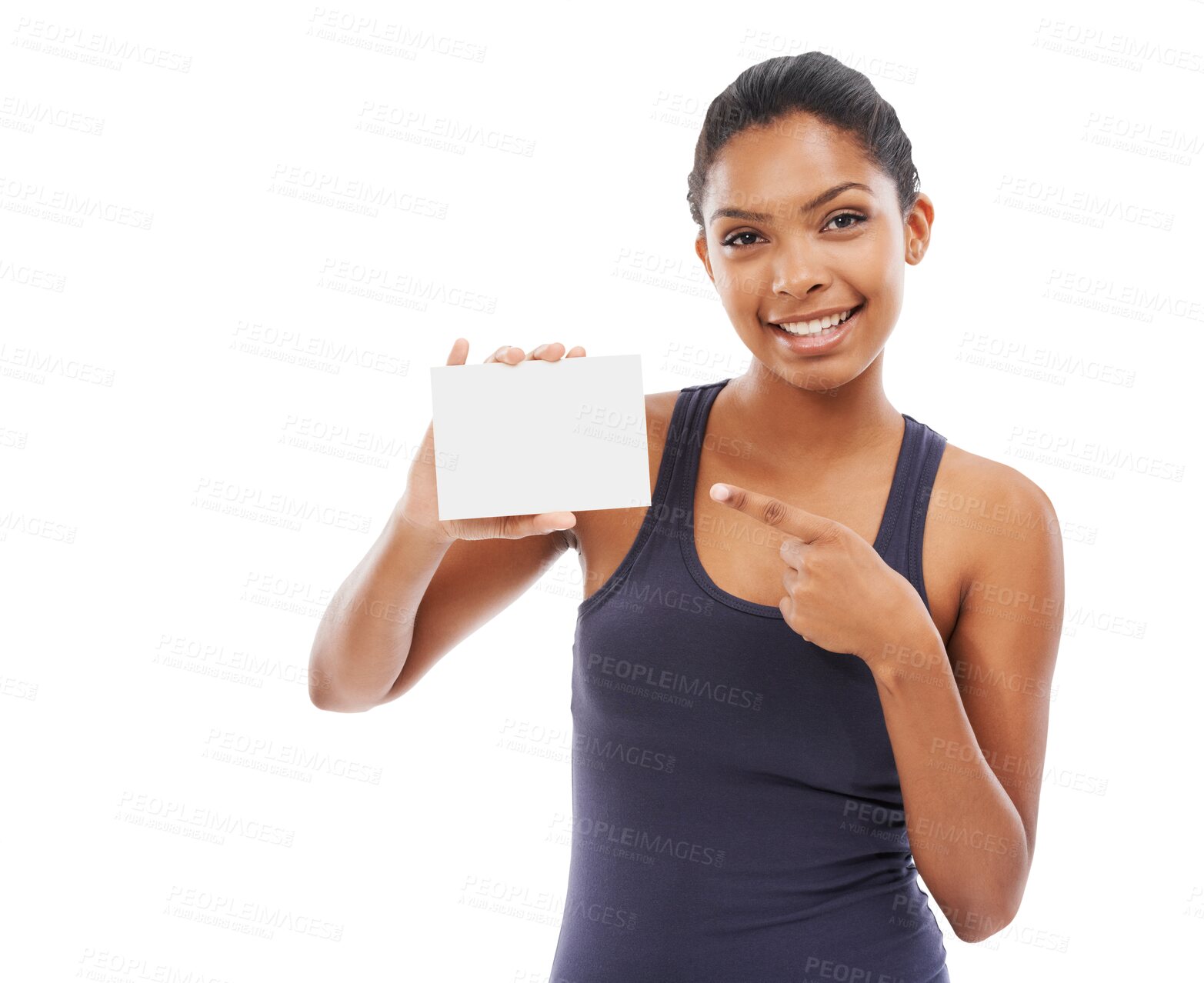 Buy stock photo Advertising, portrait of a black woman pointing at business card and isolated against a transparent png background for promotion. Marketing, promote and happy female person point for advertisement