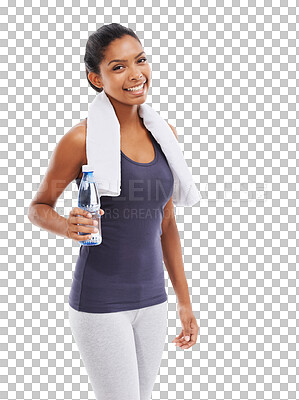 Buy stock photo Portrait, fitness and water with an athlete woman isolated on a transparent background for hydration during a workout. Exercise, towel and bottle with a happy young sports person on PNG for training