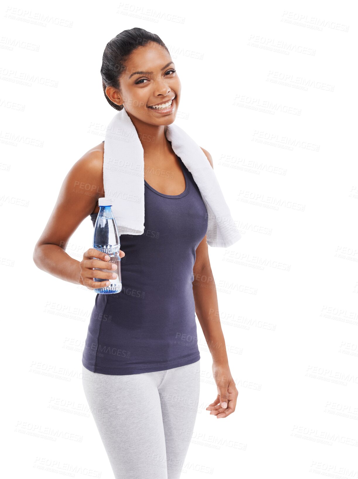 Buy stock photo Portrait, fitness and water with an athlete woman isolated on a transparent background for hydration during a workout. Exercise, towel and bottle with a happy young sports person on PNG for training