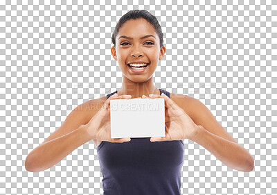 Buy stock photo Mockup, happy and portrait of a woman with card for fitness information and gym contact. Training, promotion and a girl showing blank paper for sports details isolated on a transparent png background