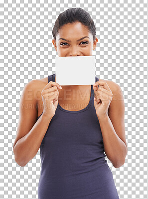 Buy stock photo Portrait, mockup and woman with a blank card, information and model isolated against a transparent background. Face, female person or girl with a poster, marketing and png with logo, happy and design