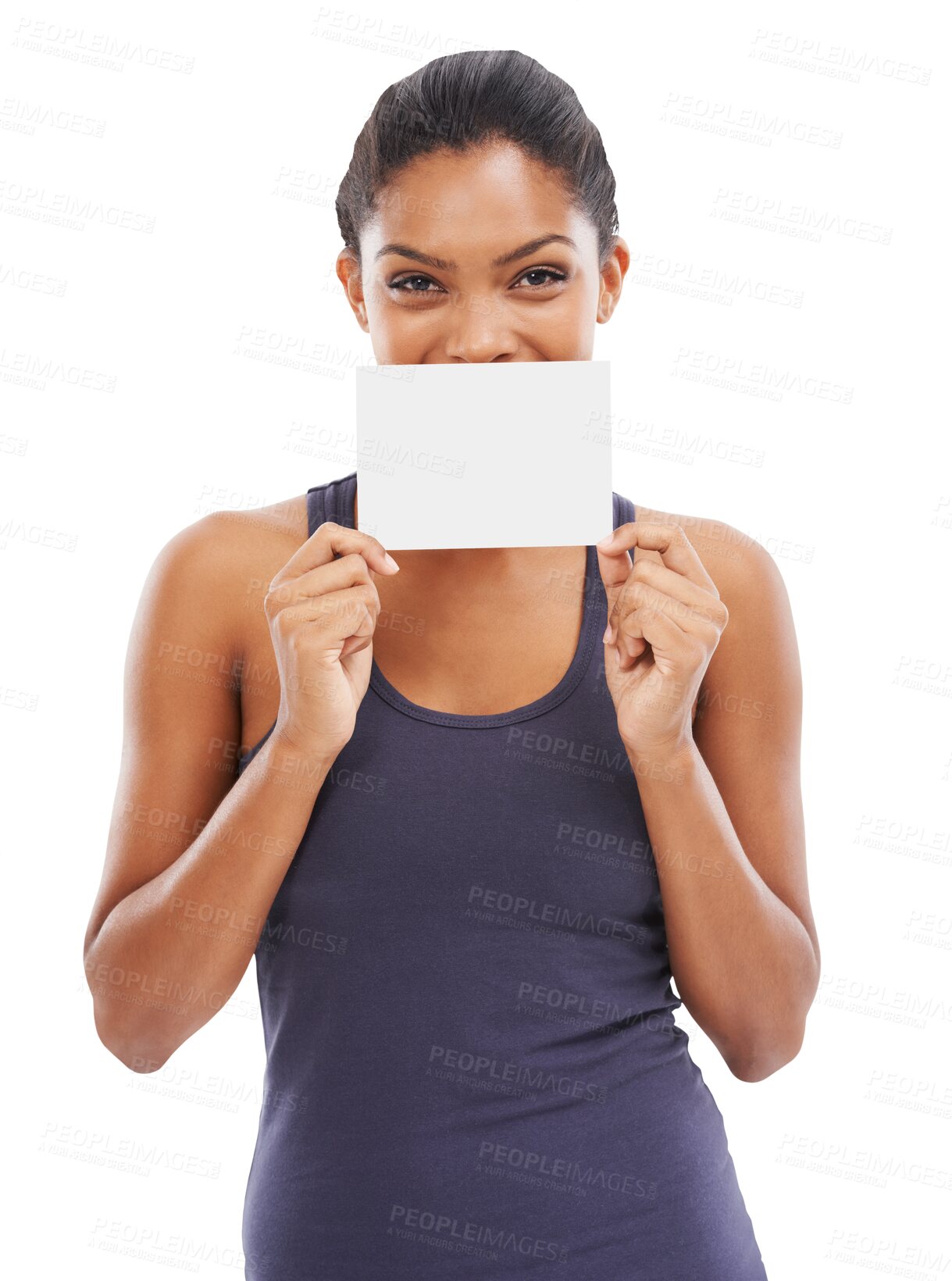 Buy stock photo Portrait, mockup and woman with a blank card, information and model isolated against a transparent background. Face, female person or girl with a poster, marketing and png with logo, happy and design