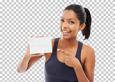 Buy stock photo Pointing, portrait and woman with a blank card, mockup and model isolated against a transparent background. Face, female person and girl with a poster, space and logo with png, ideas and hand gesture