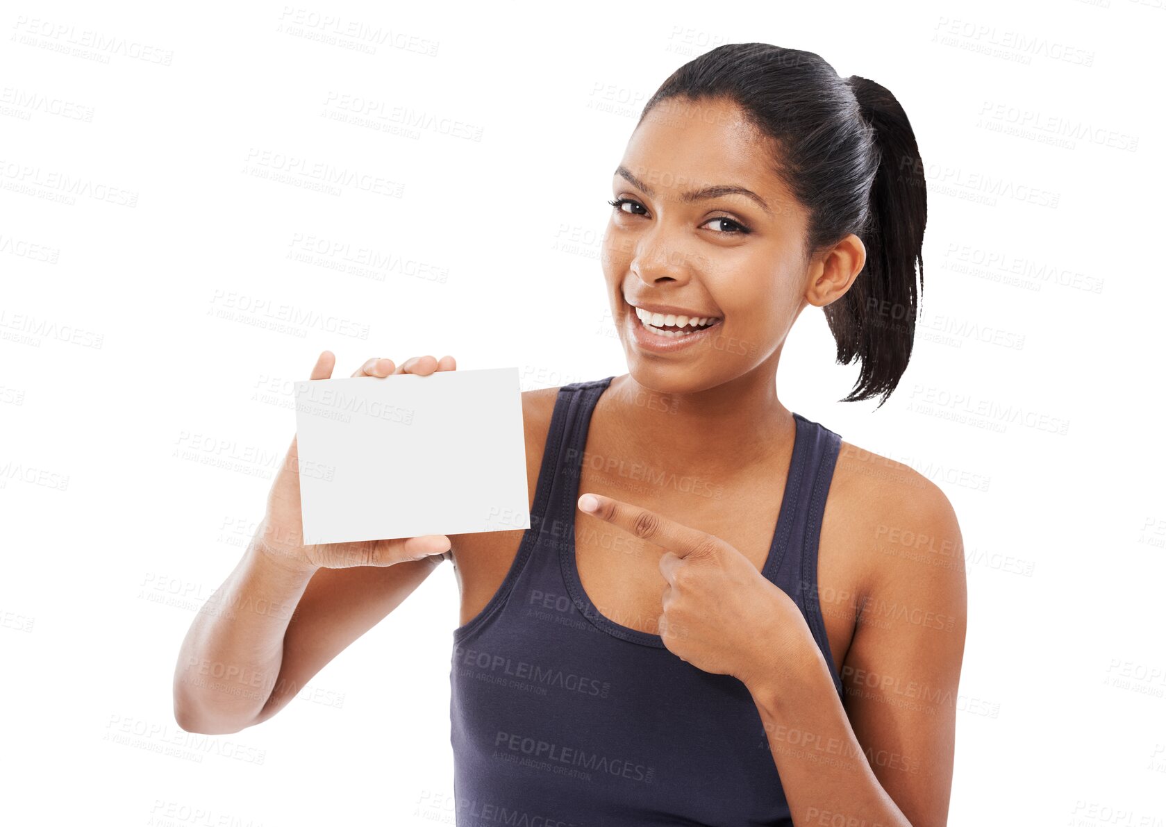 Buy stock photo Pointing, portrait and woman with a blank card, mockup and model isolated against a transparent background. Face, female person and girl with a poster, space and logo with png, ideas and hand gesture