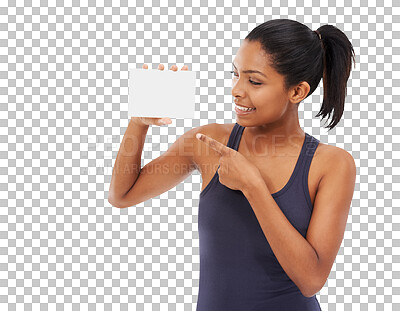 Buy stock photo Fitness, pointing at mockup and a woman with a card isolated on a transparent background for sports advertising. Exercise, marketing and blank or empty space with a happy young female athlete on PNG