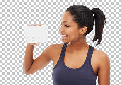 Buy stock photo Fitness, woman and billboard for advertising or marketing standing isolated on a transparent PNG background. Happy female person looking and holding poster, sign or card for copy space advertisement