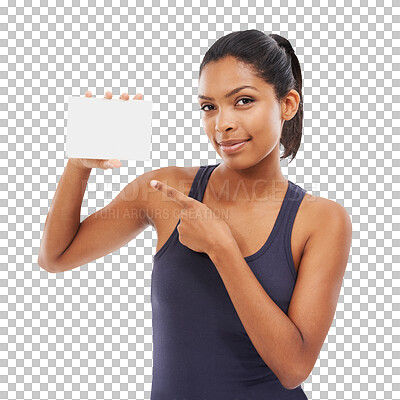 Buy stock photo Woman, portrait and pointing to poster for advertising fitness isolated on a transparent PNG background. Female person holding billboard, sign or paper card for advertisement on mockup or copy space