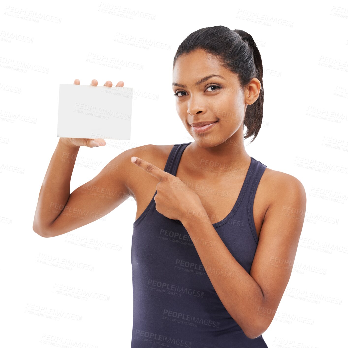 Buy stock photo Woman, portrait and pointing to poster for advertising fitness isolated on a transparent PNG background. Female person holding billboard, sign or paper card for advertisement on mockup or copy space