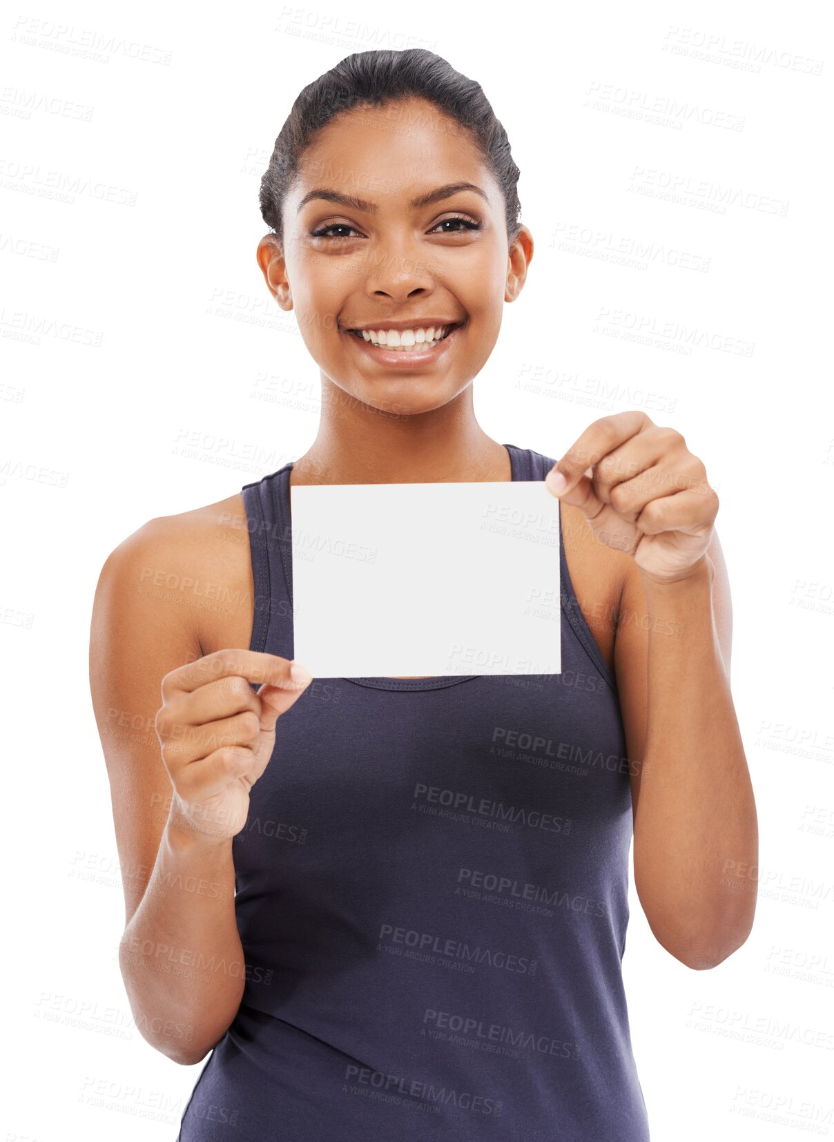 Buy stock photo Woman, happy and portrait with blank business card or paper on transparent, isolated or png background. Smile, face and female athlete, trainer or coach with information for brand or logo mock up