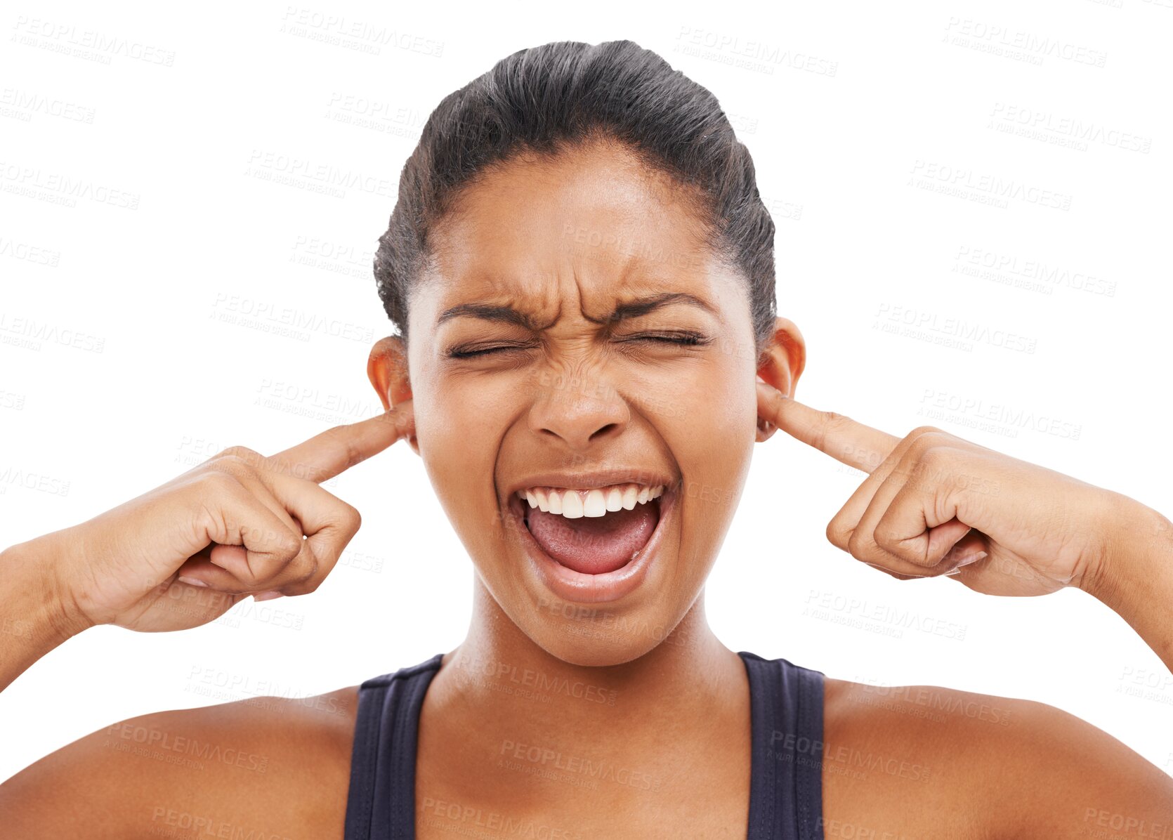 Buy stock photo Cover ears, shout and frustrated face of a woman with stress, depression or mental health problem. Headshot of angry african person blocking sound or noise isolated on a transparent png background