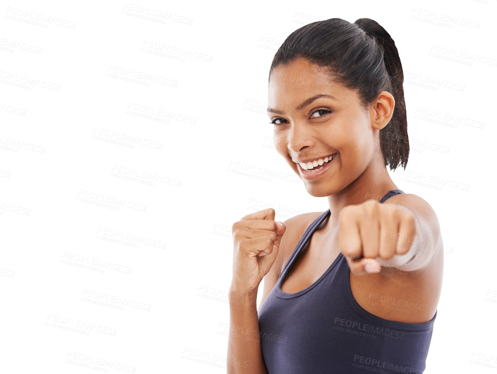 Buy stock photo Portrait, smile and woman throw punch isolated on a transparent png background. Face, fist and face of female fighter training, exercise and workout for fight, martial arts and boxing for fitness.