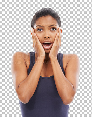 Buy stock photo Portrait, wow or shocked black woman with hands on face isolated on transparent png background. Wtf, omg or surprised African sports girl worried with fear after fitness drama, news or gossip secret